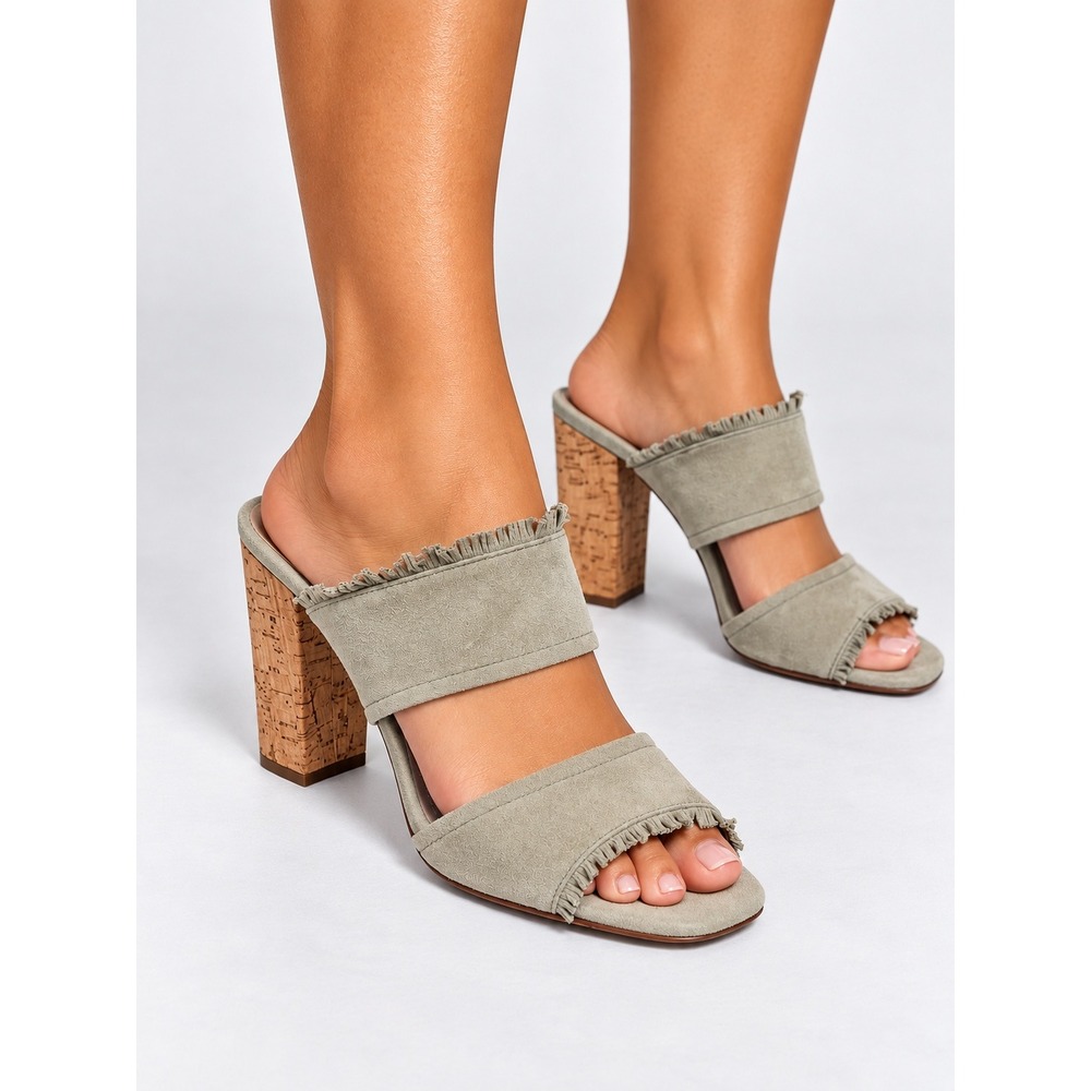 Schutz Gray Suede Fringed Clear Strap Cork Block Heel Mules Size 7 B